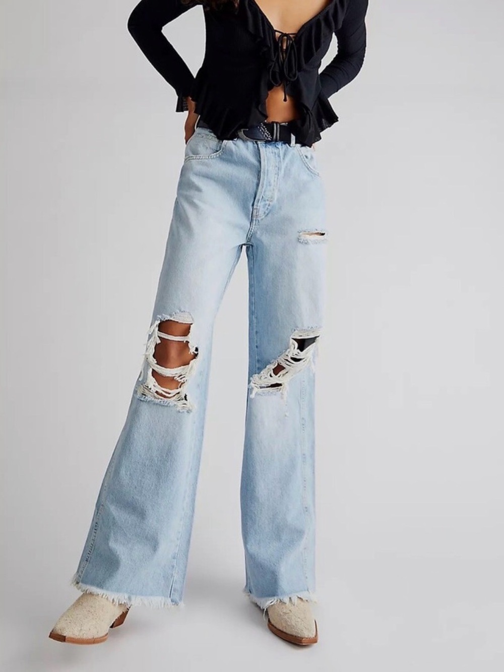 FREE PEOPLE Ollie Wide Leg Jeans High Rise Distressed